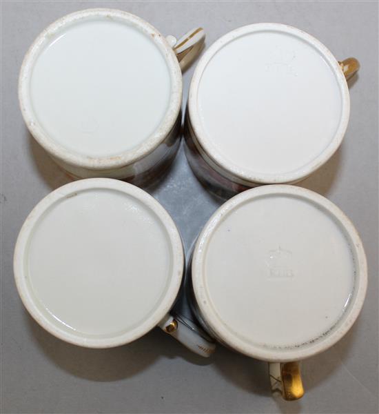 Five Worcester gilt and polychrome porcelain coffee cans and a saucer, c.1800-1820, coffee can 6.3cm, saucer 14.7cm